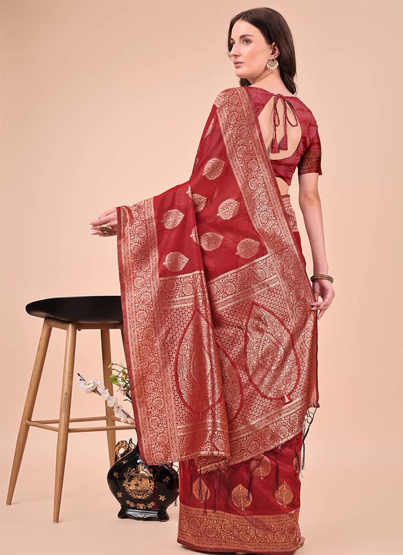 Red cotton silk blend saree with gold zari buti
