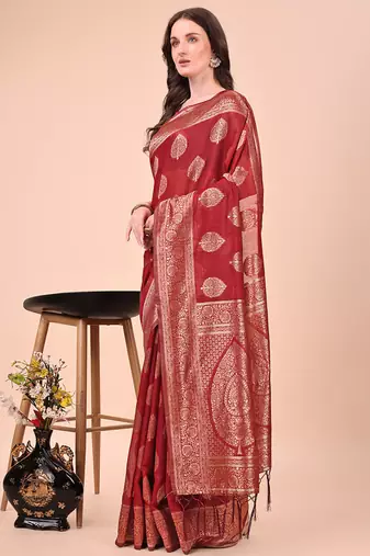 Red cotton silk blend saree with gold zari buti