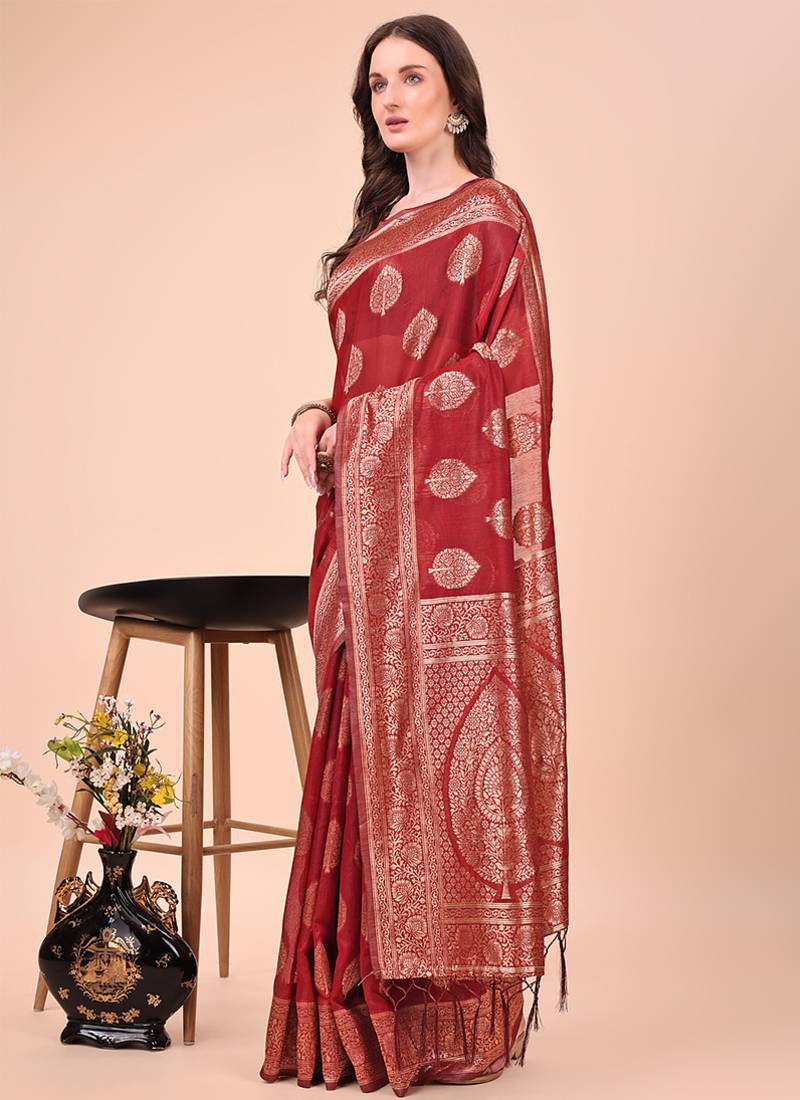 Red cotton silk blend saree with gold zari buti