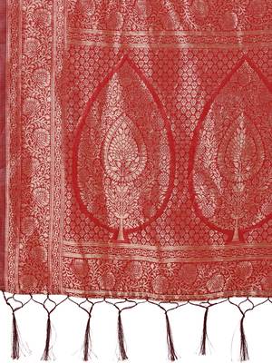 Red cotton silk blend saree with gold zari buti 4