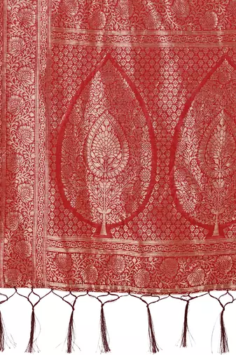 Red cotton silk blend saree with gold zari buti