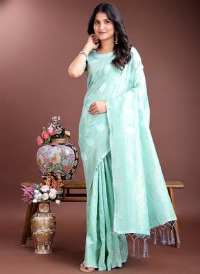 Sea green cotton silk blend woven saree with zari work 1
