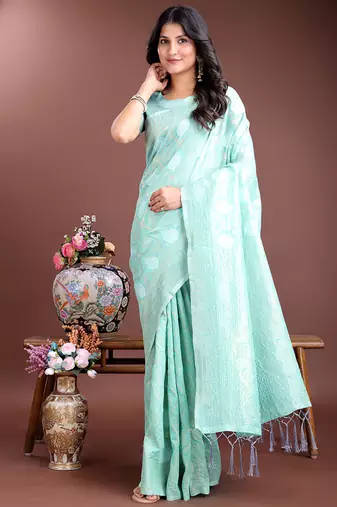 Sea green cotton silk blend woven saree with zari work