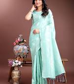 Sea green cotton silk blend woven saree with zari work
