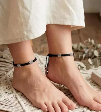 Oxidized Silver Owl Charm Anklets, Black Thread Macrame Ankle Bracelet 1
