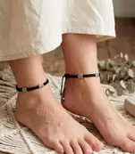 Oxidized Silver Owl Charm Anklets, Black Thread Macrame Ankle Bracelet