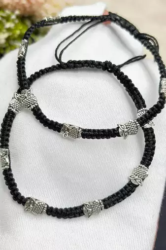 Oxidized Silver Owl Charm Anklets, Black Thread Macrame Ankle Bracelet