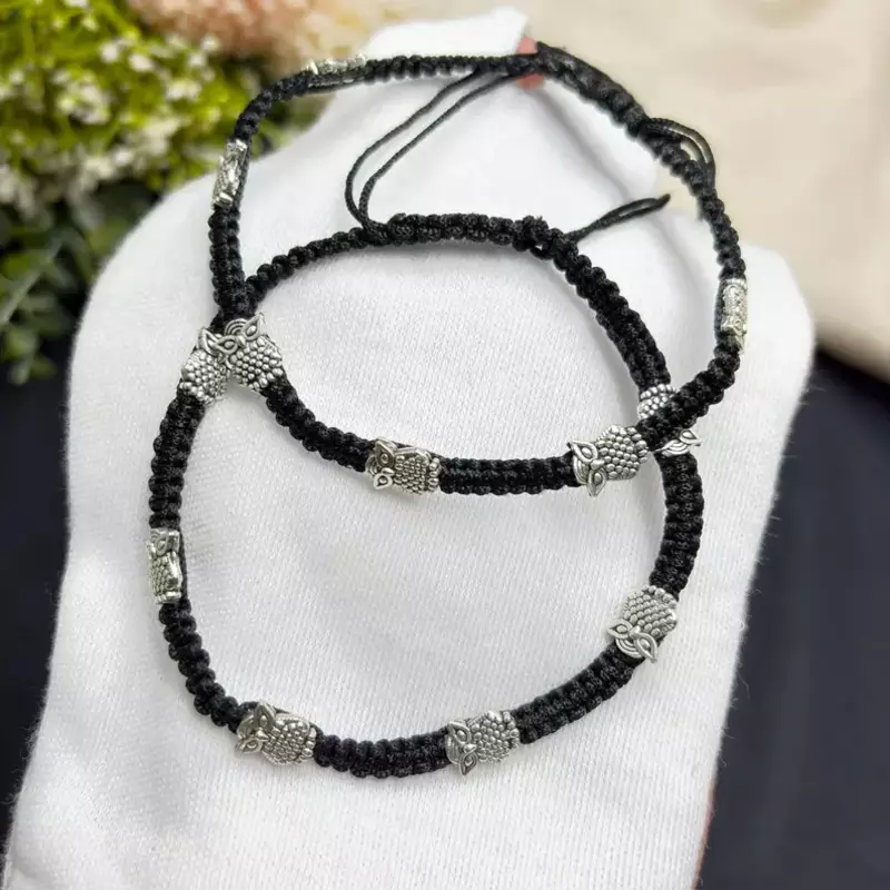 Oxidized Silver Owl Charm Anklets, Black Thread Macrame Ankle Bracelet