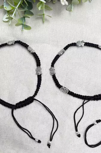 Oxidized Silver Owl Charm Anklets, Black Thread Macrame Ankle Bracelet