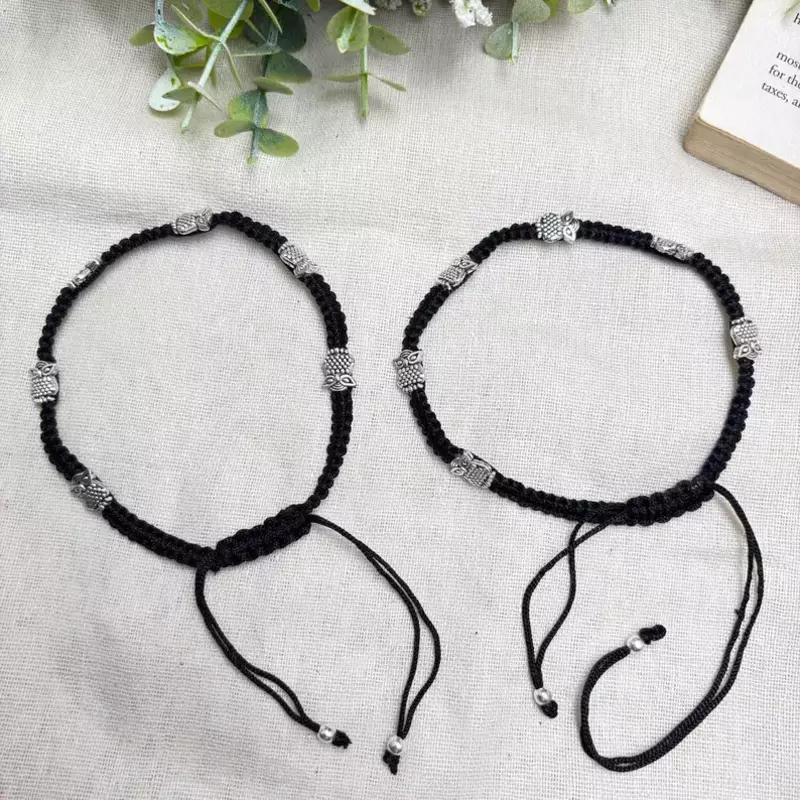 Oxidized Silver Owl Charm Anklets, Black Thread Macrame Ankle Bracelet