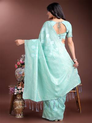 Sea green cotton silk blend woven saree with zari work 2