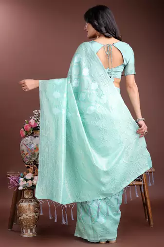Sea green cotton silk blend woven saree with zari work