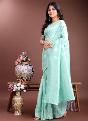 Sea green cotton silk blend woven saree with zari work 3