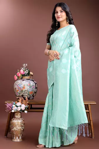 Sea green cotton silk blend woven saree with zari work