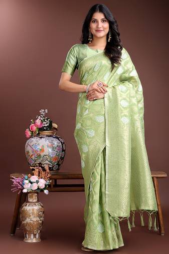 Light green cotton silk blend woven saree with zari work