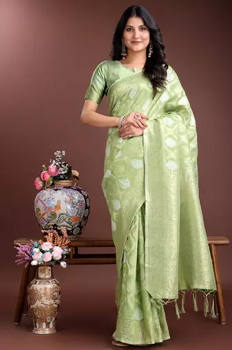 Light green cotton silk blend woven saree with zari work