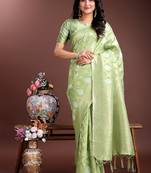 Light green cotton silk blend woven saree with zari work