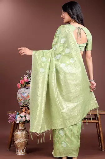 Light green cotton silk blend woven saree with zari work