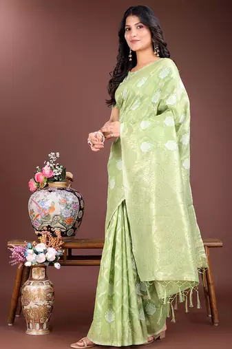 Light green cotton silk blend woven saree with zari work