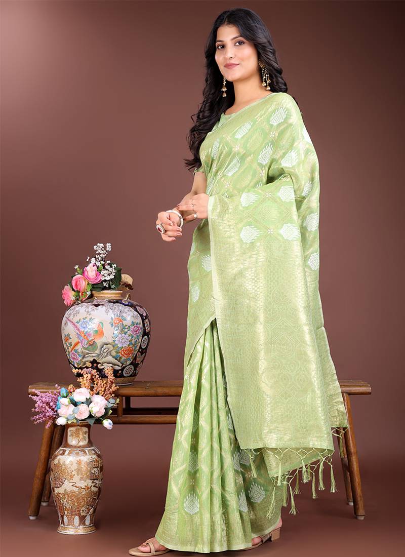 Light green cotton silk blend woven saree with zari work