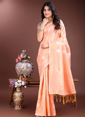 Peach cotton silk blend woven saree with zari work 1
