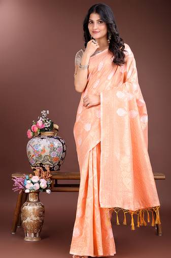 Peach cotton silk blend woven saree with zari work