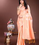 Peach cotton silk blend woven saree with zari work