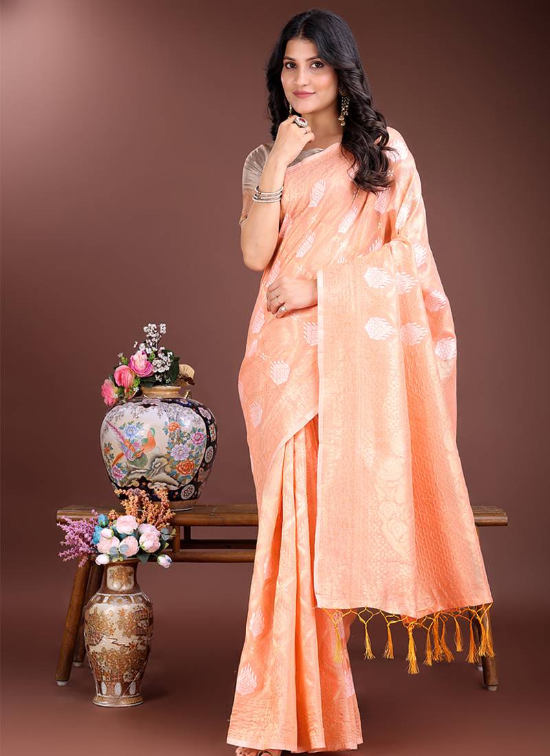 Peach cotton silk blend woven saree with zari work