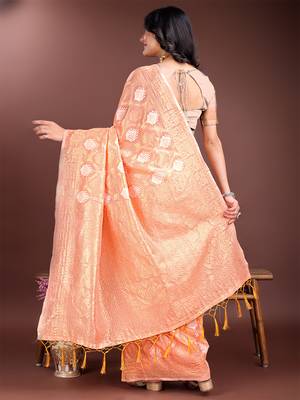Peach cotton silk blend woven saree with zari work 2