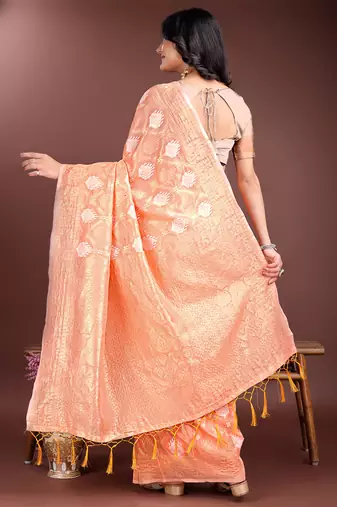 Peach cotton silk blend woven saree with zari work