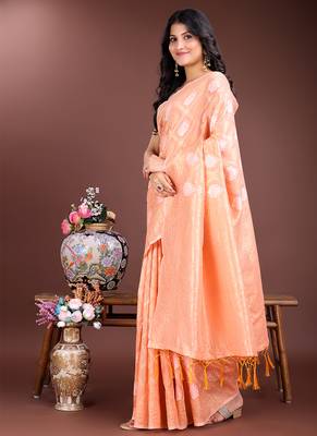 Peach cotton silk blend woven saree with zari work 3