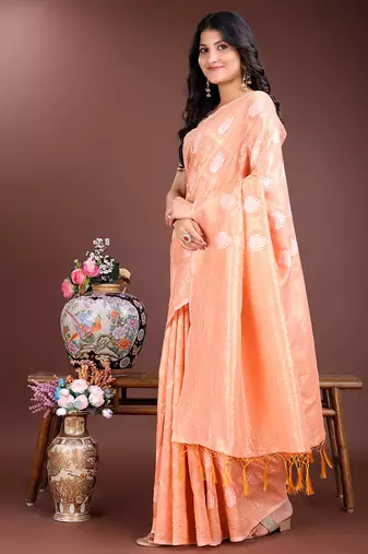 Peach cotton silk blend woven saree with zari work