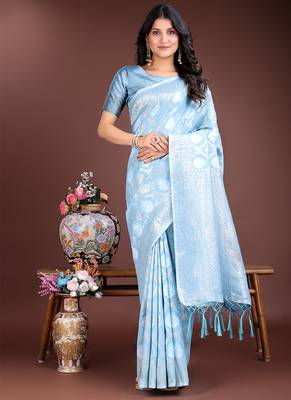 Light blue cotton silk blend woven saree with zari work 1