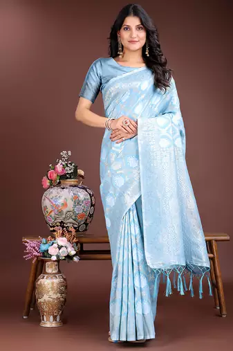 Light blue cotton silk blend woven saree with zari work