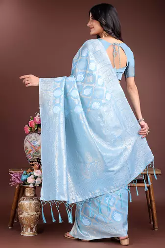 Light blue cotton silk blend woven saree with zari work