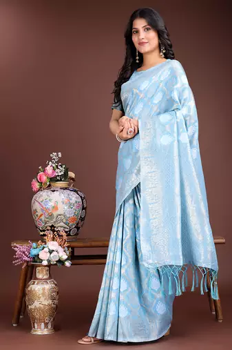 Light blue cotton silk blend woven saree with zari work