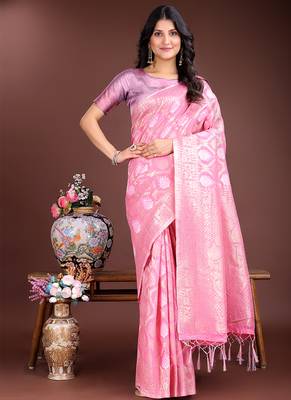 Pink cotton silk blend woven saree with zari work 1