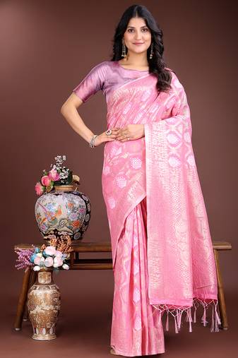 Pink cotton silk blend woven saree with zari work
