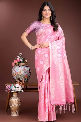 Pink cotton silk blend woven saree with zari work