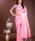 Pink cotton silk blend woven saree with zari work