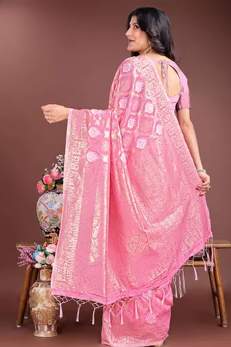Pink cotton silk blend woven saree with zari work