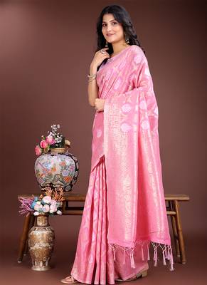 Pink cotton silk blend woven saree with zari work 3