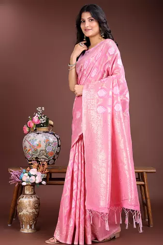 Pink cotton silk blend woven saree with zari work