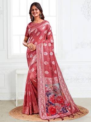 Dusty rose pink woven linen silk blend saree with floral print pallu 1