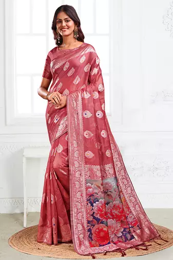 Dusty rose pink woven linen silk blend saree with floral print pallu