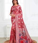 Dusty rose pink woven linen silk blend saree with floral print pallu