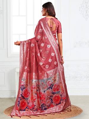 Dusty rose pink woven linen silk blend saree with floral print pallu 2