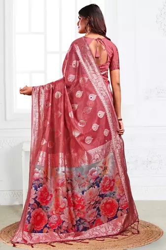 Dusty rose pink woven linen silk blend saree with floral print pallu