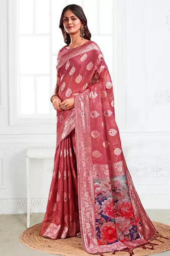 Dusty rose pink woven linen silk blend saree with floral print pallu