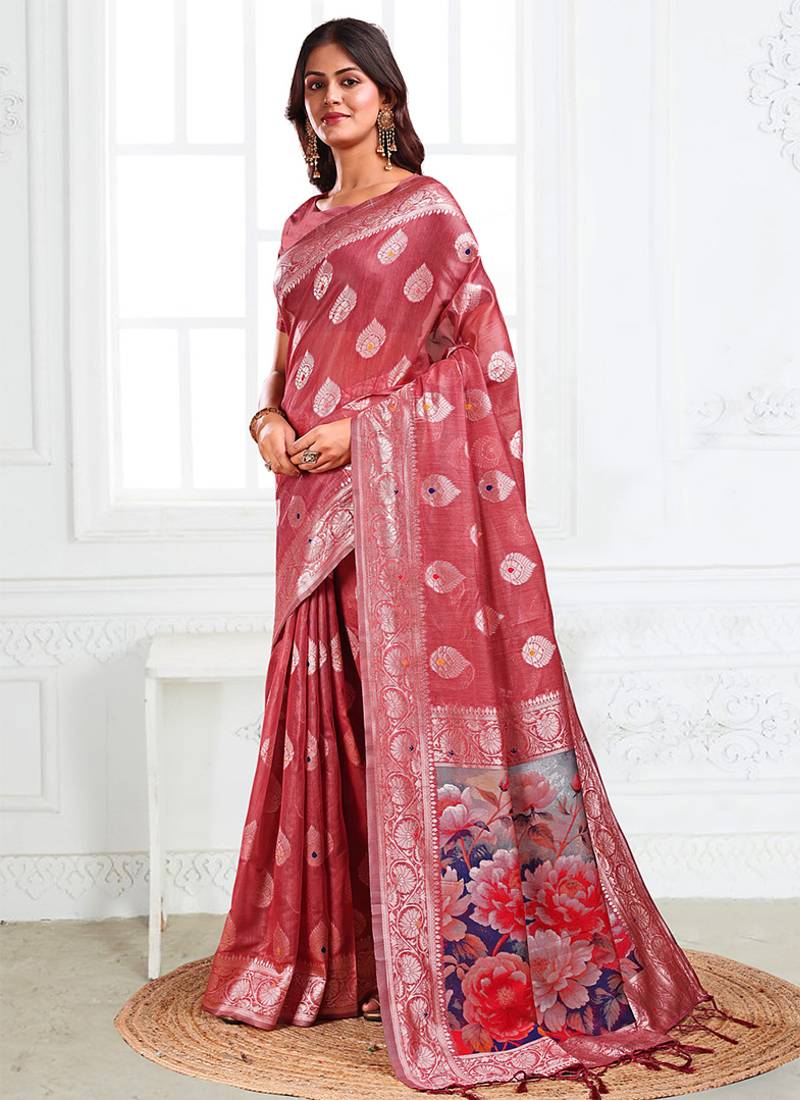 Dusty rose pink woven linen silk blend saree with floral print pallu